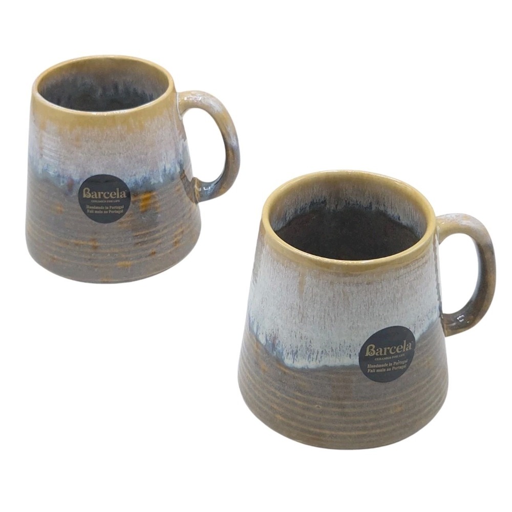 Barcela Stoneware Coffee Mug Set 2 Tan Reactive Drip Glaze Handmade In Portugal